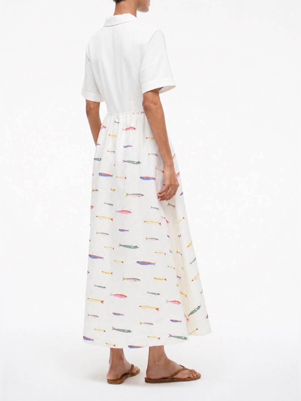 STAUD White 100% Linen Fish Print Maxi Shirt Dress Size S NWT Coastal Resort - Picture 2 of 12